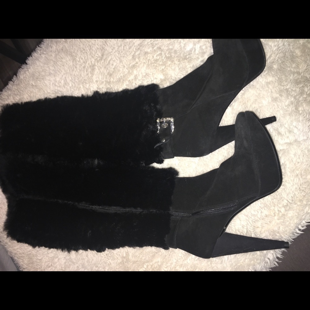 Stuart Weitzman Black‎ Suede Fur Tall Boots 8M Heels - Picture 2 of 8